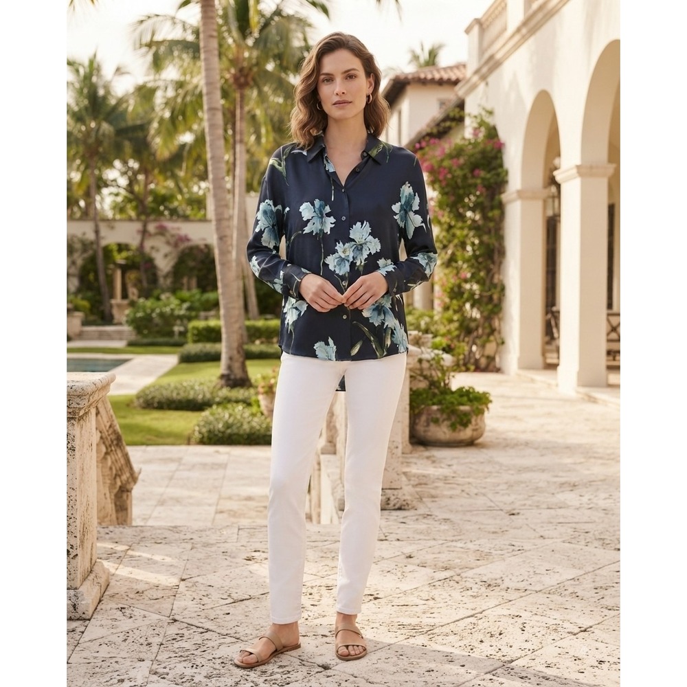 Vince Navy Blue Silk Floral Iris Print Long Sleeve Button Down Blouse XS